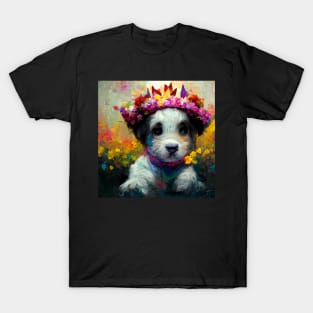 Sweet little puppy wearing a crown of beautiful flowers. T-Shirt